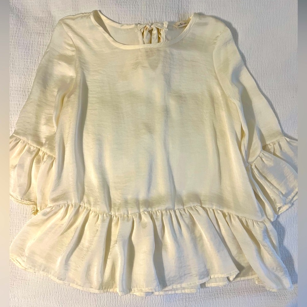 Cream Ruffled Peplum Satin Blouse